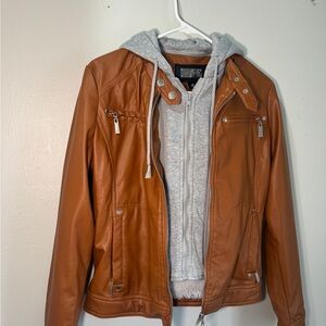 Brown Faux Leather Jacket with Gray Hoodie